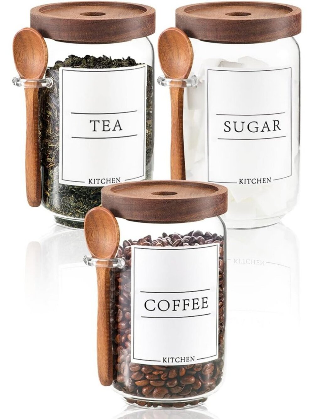 Stylish Glass Coffee & Sugar Canister Set with Wooden Lids & Scoops - 25oz